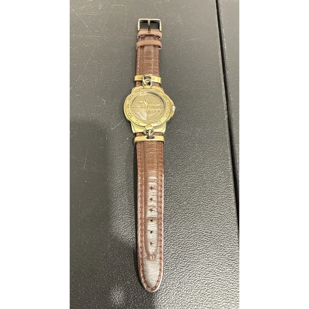 Bulova Harley-Davidson Quartz Wristwatch Gold Tone Brown Leather Band‎